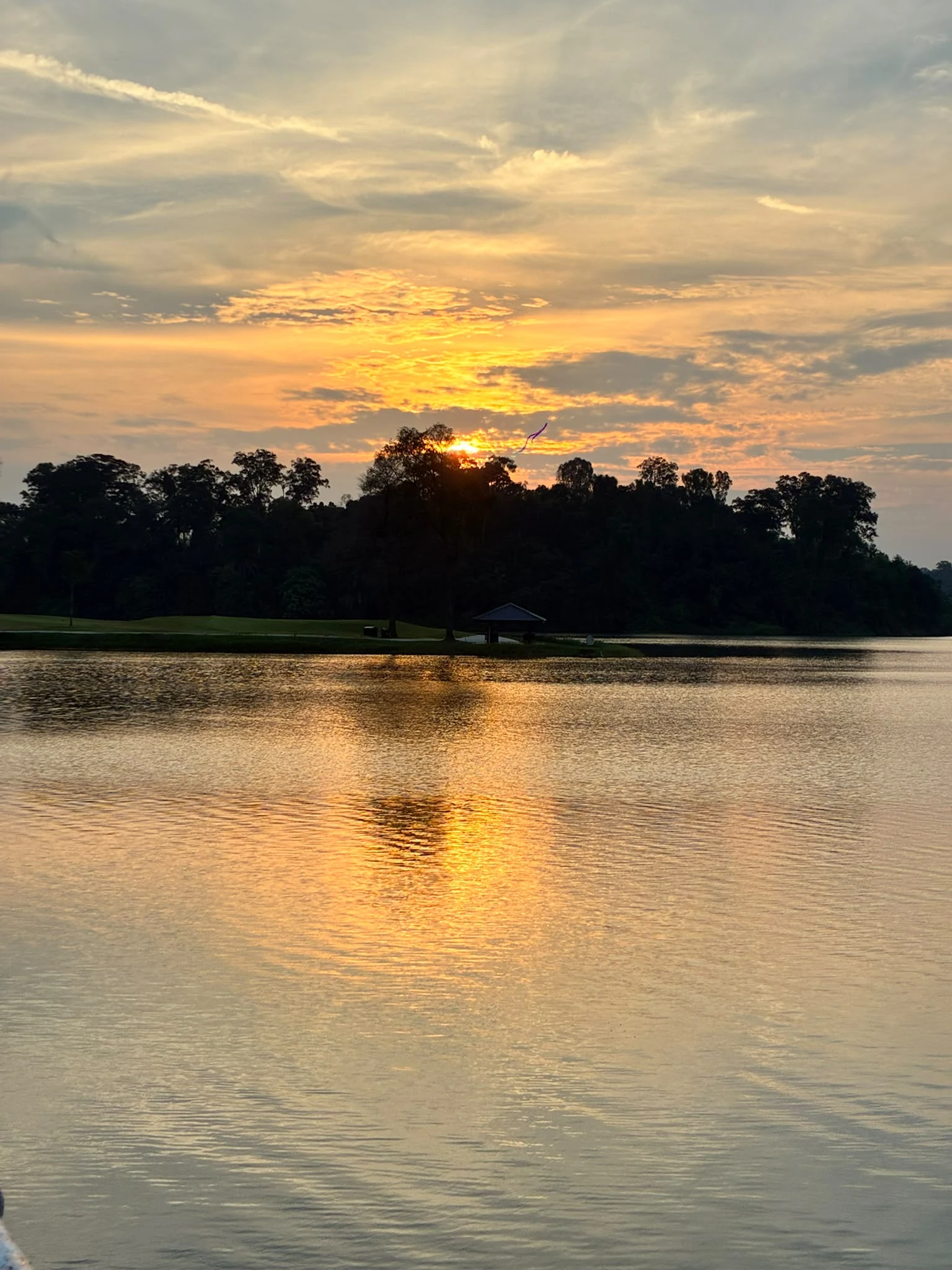 Golden sunset reflected across a calm lake and tree-lined shore